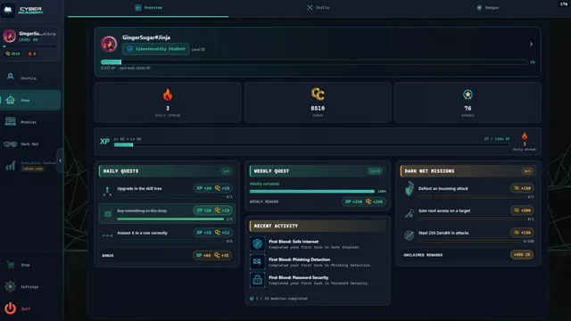 The main hub with daily goals and recent activity