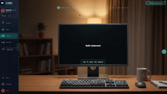 The module entry screen: a desk, a monitor and a module waiting to be opened