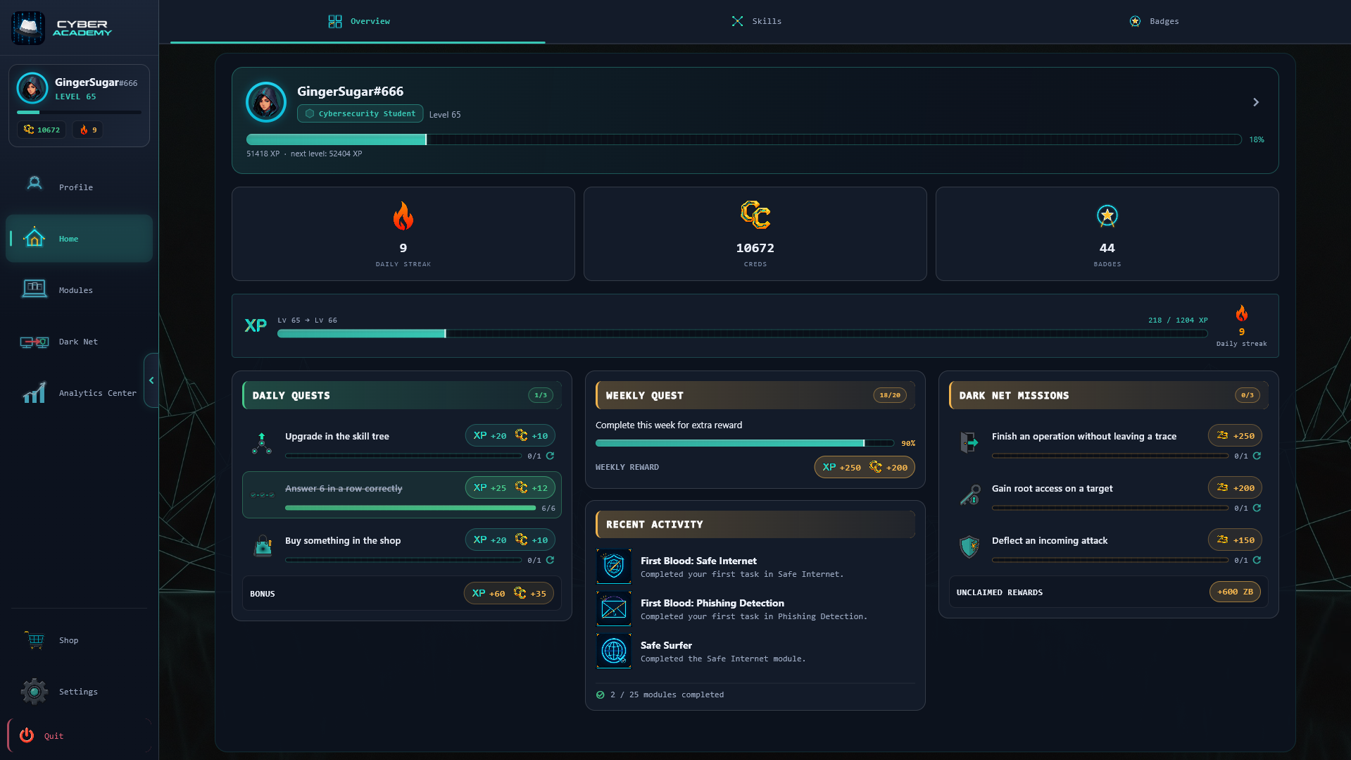 Cyber Academy player dashboard